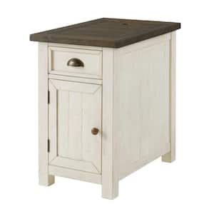 24 in. Cream White and Brown Rectangular Wood end table with USB Ports