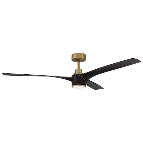 60 in. Flat Black/Satin Brass with Flat Black Blades Angled Mount Standard Ceiling Fan Integrated LED w/ Remote Included