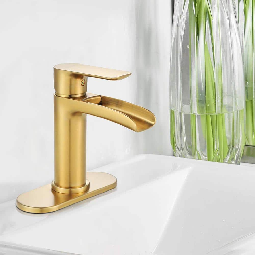 Brushed Gold Brass Waterfall Spout Single-Handle Bathroom Faucet