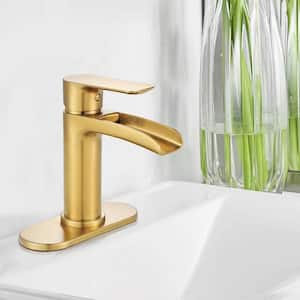 Single-Handle Single-Hole Bathroom Sink Faucet with Pop-up Drain Assembly Waterfall in Brushed Gold