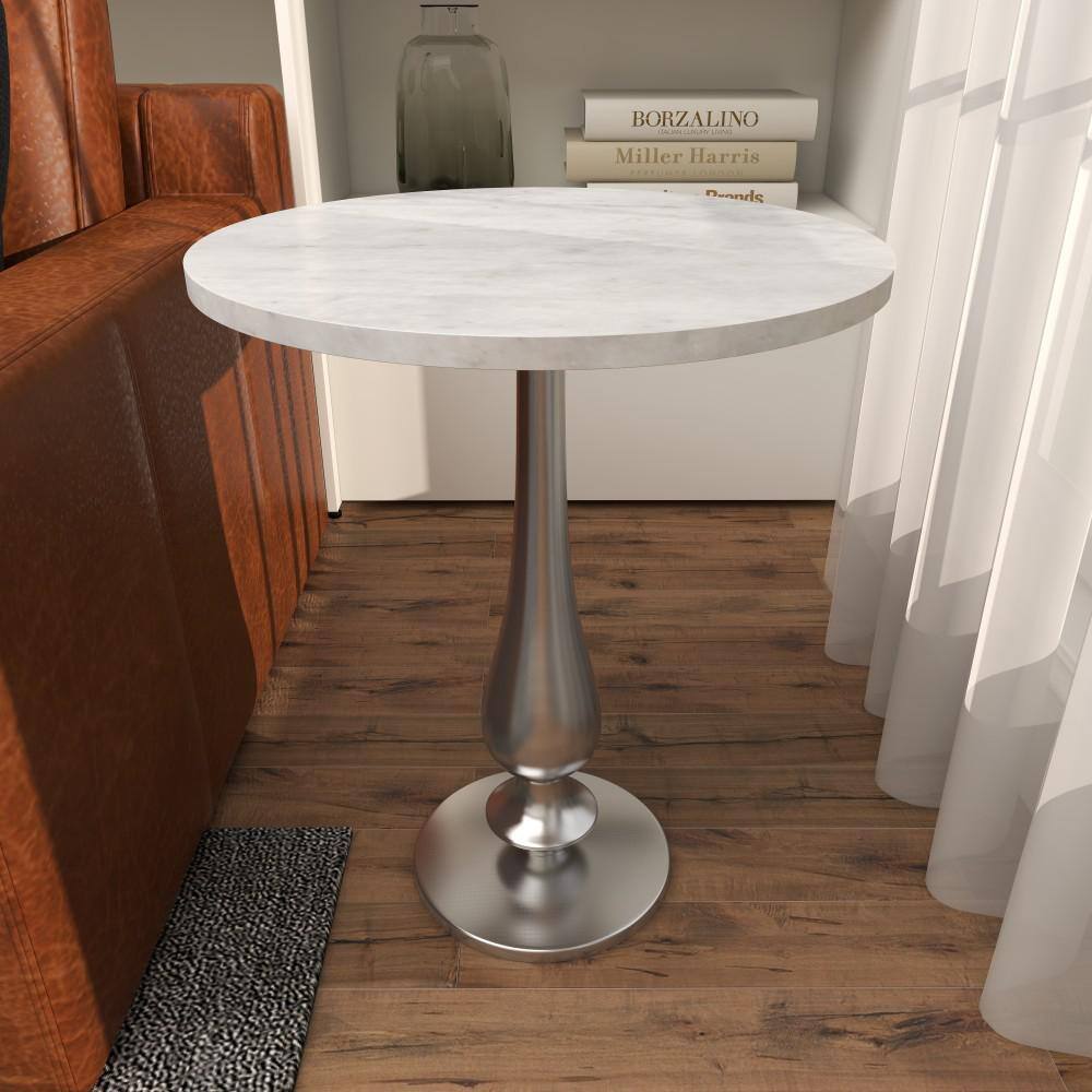 White Marble and Silver Aluminum Round Accent Table