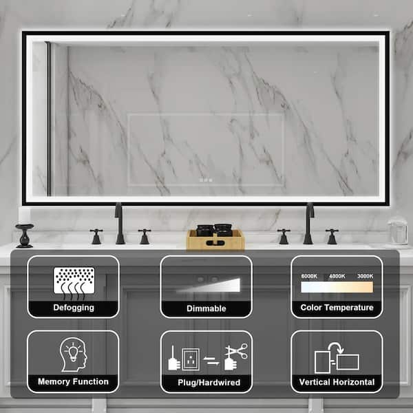 LUKY 84 in W x 40 in. H Rectangular Single Aluminum Framed Anti-Fog LED Light Wall Bathroom Vanity Mirror in Matte Black