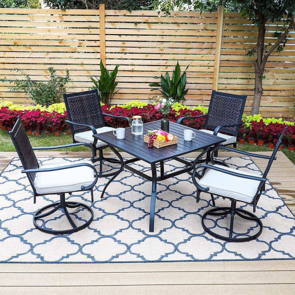 PHI VILLA Black 5-Piece Metal Patio Outdoor Dining Set with Slat Square ...