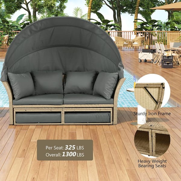 Wicker Outdoor Day Bed with Retractable Canopy, 4-Pillows, Cushions for Lawn Garden Backyard Porch Pool, Gray