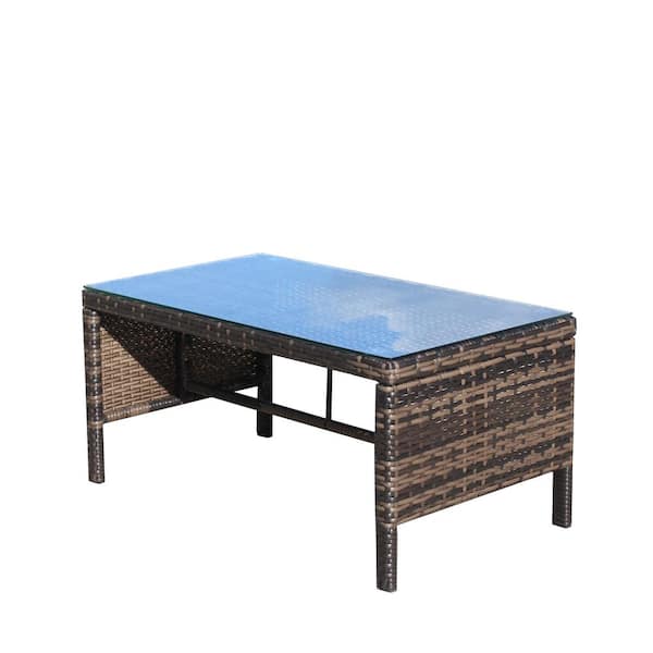 Zeus & Ruta Brown Outdoor Rattan Patio Coffee Table with Clear Tempered Glass for Poolside, Patio, Garden and Deck