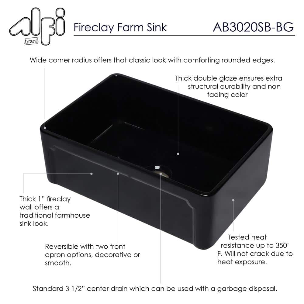 30'' Black Gloss Fireclay Farmhouse Single Bowl Kitchen Sink