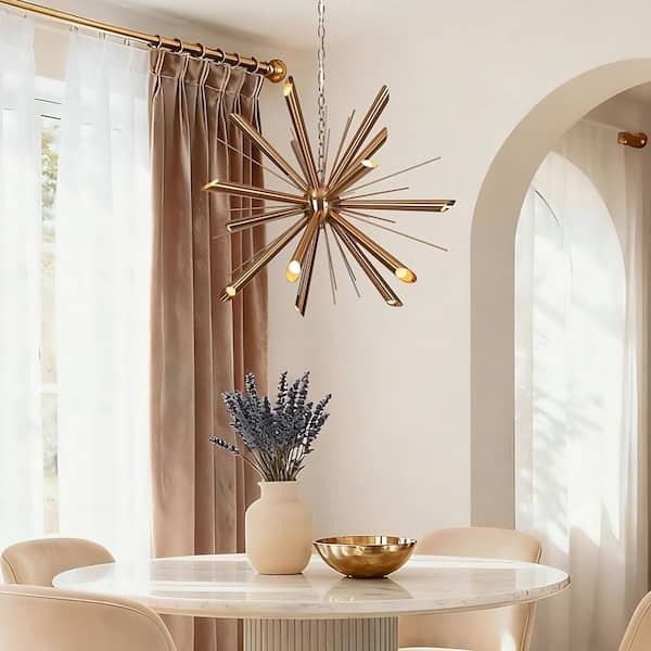 26 in. Plated Brass Sputnik Chandelier, Mid-Century Modern LED Ceiling Light, for Dining Room, Living Room, Entryway