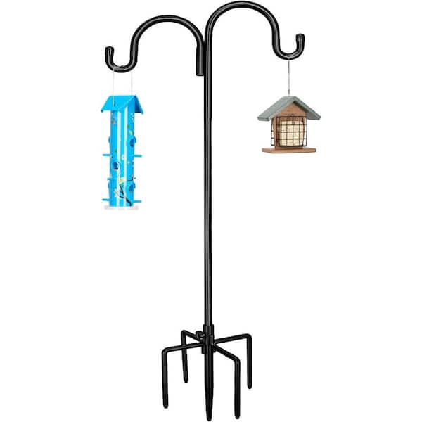 FAWEY TRED INC Double Shepherd Hooks Metal 76 in. Heavy Duty Bird Feeder Pole with 5-Prong Base Black (1-Pack)