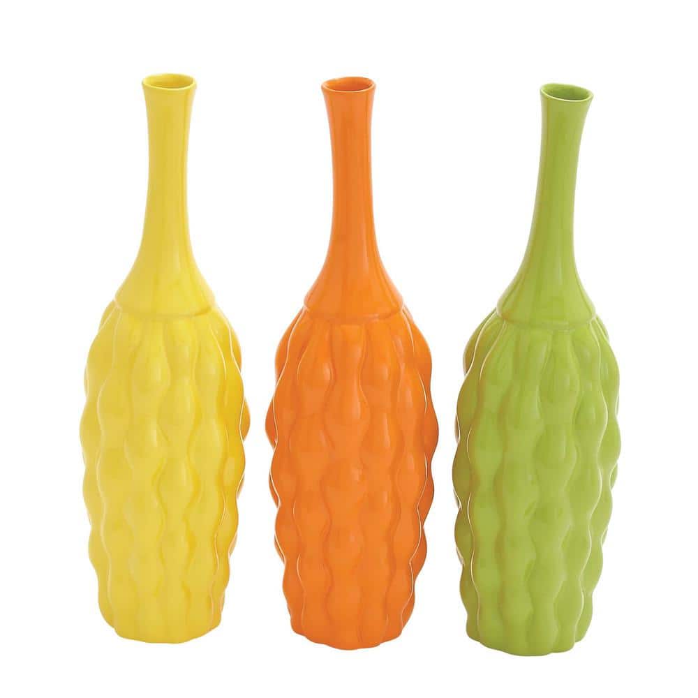 Coastal Charm 18" Trumpet Ceramic Vase Trio in Yellow, Orange, and Green