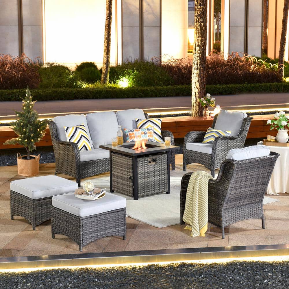 New Kenard Gray 6-Piece Wicker Patio Fire Pit Conversation Seating Set with Gray Cushions price history on PriceWatchPro
