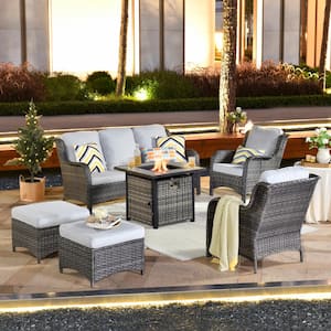 New Kenard Gray 6-Piece Wicker Patio Fire Pit Conversation Seating Set with Gray Cushions