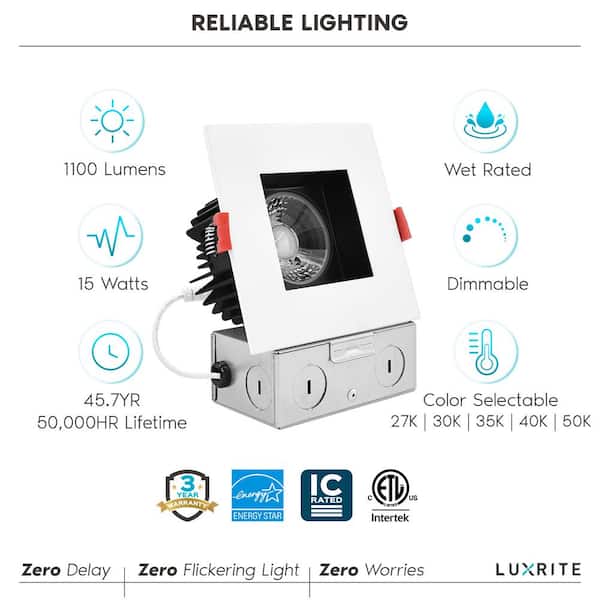 4 in. Square LED Recessed Light J-Box 15W 5-Color Selectable 1100 Lumens Dimmable Wet Rated IC Rated White & Black Trim