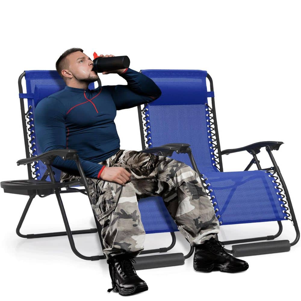 Set of 2 Patio Foldable Zero Gravity Chair with Cup Holding Tray and Foot Pad Metal Outdoor Recliner with Blue Cushions price history on PriceWatchPro