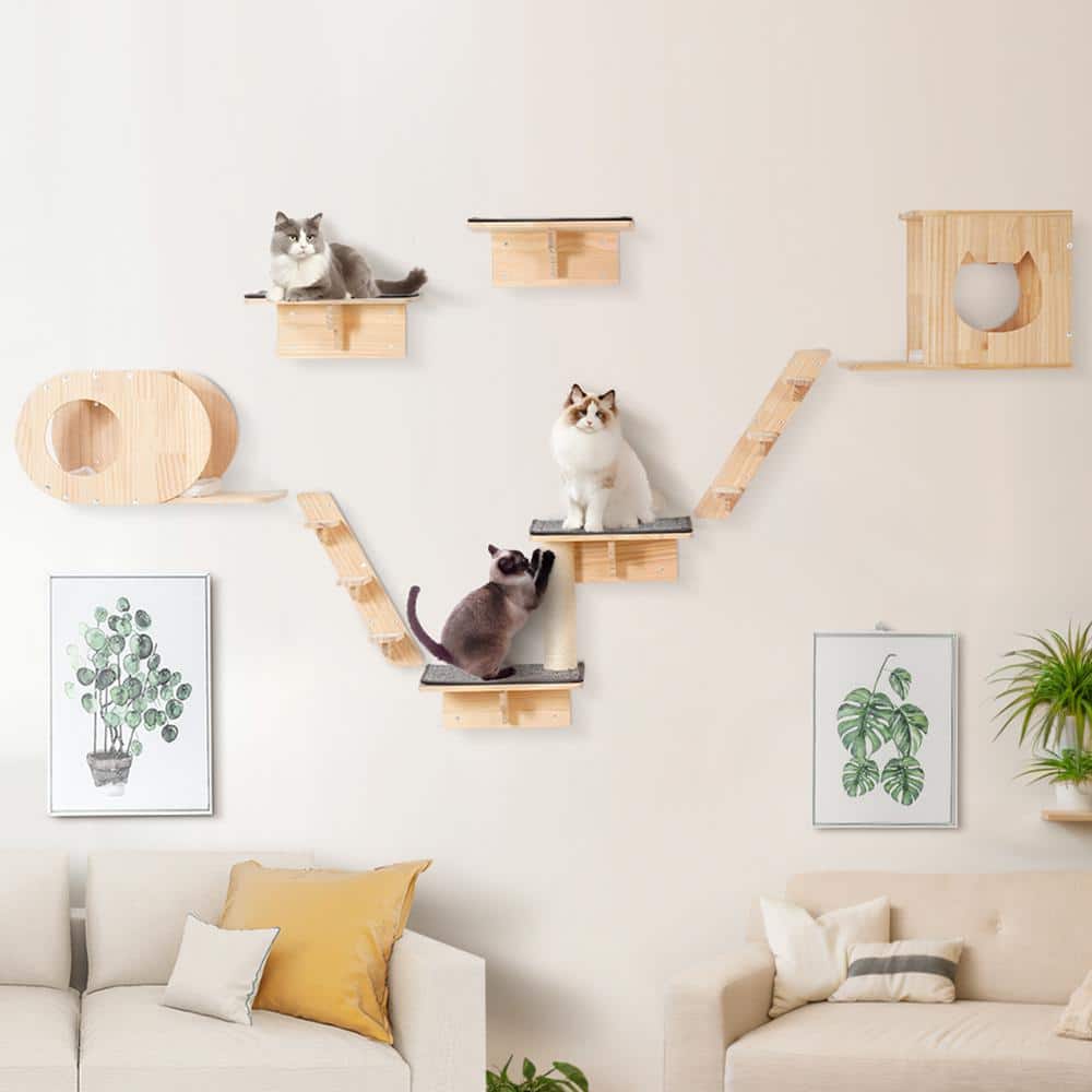 Natural Pine Wood Wall Mounted Cat Shelves Set with Hammocks