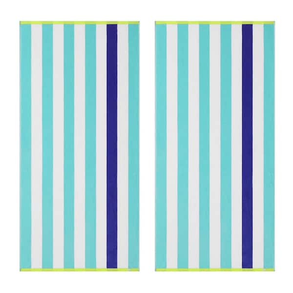 Beachside 2-Piece Seamist Blue/Lime Green Cotton Blend Velour 36Wx68L Beach Towel Set