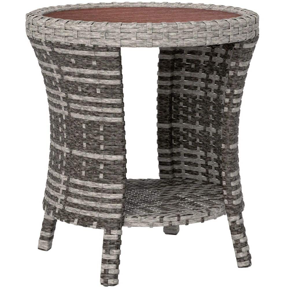 Mixed Gray Round 18 in. Wicker Outdoor Coffee Table, 2-Tier Patio Side Tabl
