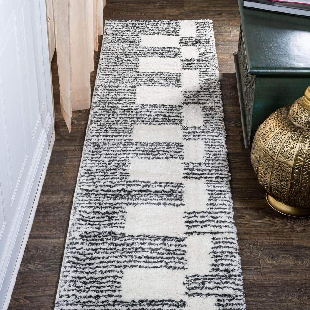 Petra White/Black 2 ft. x 10 ft. Abstract Stripe Geometric Shag Runner Rug price history on PriceWatchPro