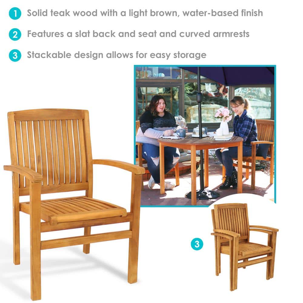 Sunnydaze Teak Wood Slat-Back Patio Dining Armchairs Set