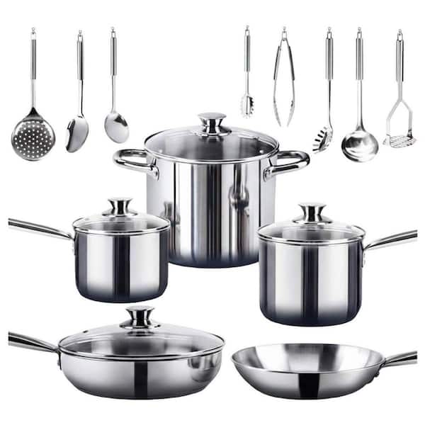 14-Piece Mirror Polished Stainless Steel Cookware Set Nickel Free Non-Toxic Induction Safe with Utensils