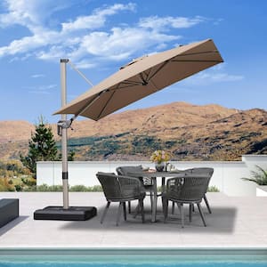 8 ft. Square Outdoor Patio Cantilever Umbrella Light Champagne Aluminum Offset 360° Rotation Umbrella with Base, Taupe