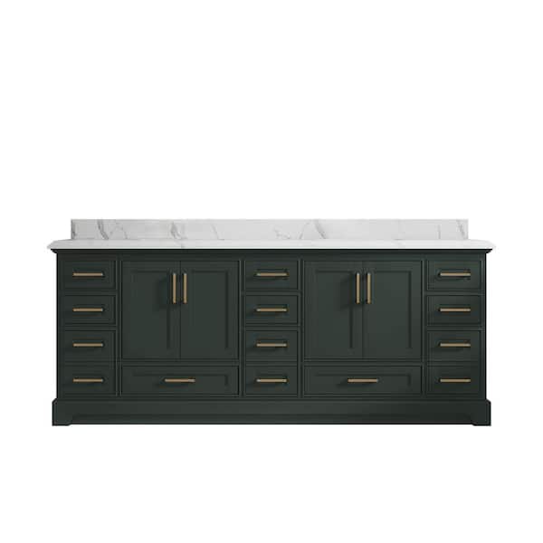 Willow Collections Fenway 84 in. W x 22 in. D x 36 in. H Double Sink Bath Vanity in Pewter Green with 1.5" Calacatta Quartz Top