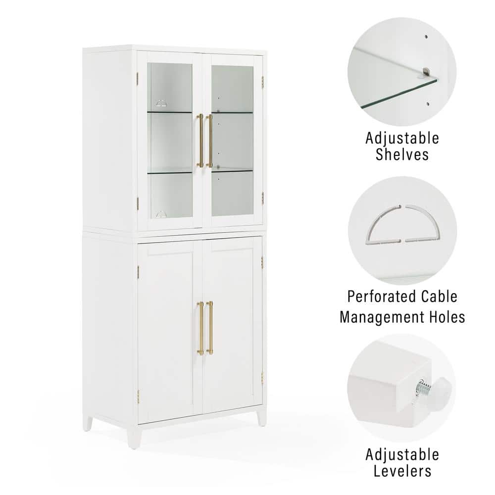 White and Gold Glass Door Curio Cabinet with Adjustable Shelves