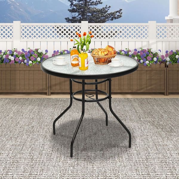 bistro patio table with umbrella hole ANGELES HOME 32 in. Round Metal Patio Outdoor Bistro Table with Tempered Glass Top and Convenient 1.6 in. Dia Umbrella Hole