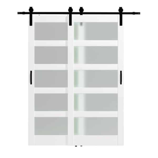 88 in. x 84 in. 5-Lite Frosted Glass White Primed MDF Bypass Assembly Required Sliding Barn Door with Hardware Kit