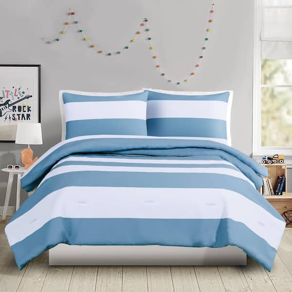 Lavelle Blue/White Stripe Microfiber Full/Queen 3-Piece Comforter Set