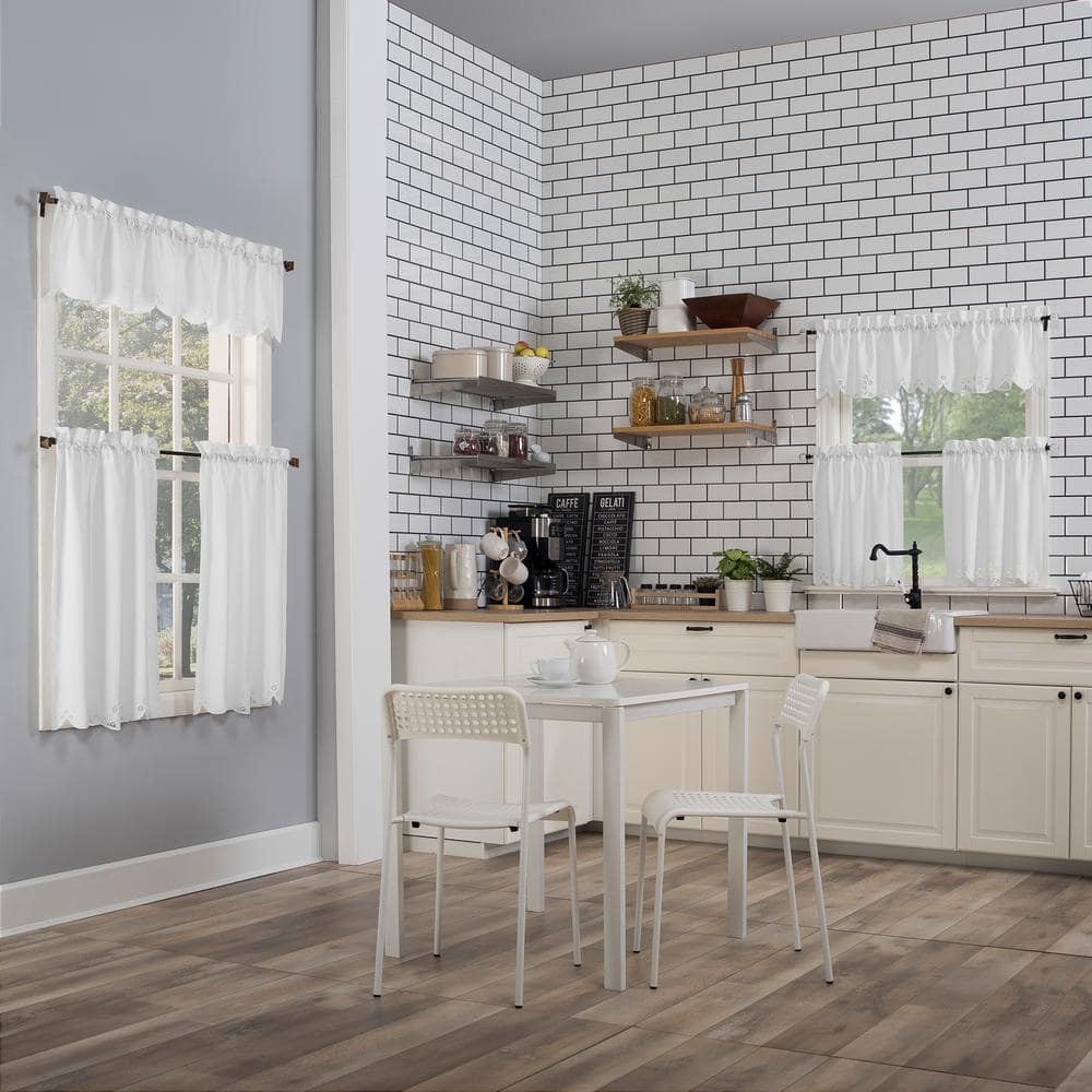 Mariela White Floral Trim Semi-Sheer Kitchen Curtain Set