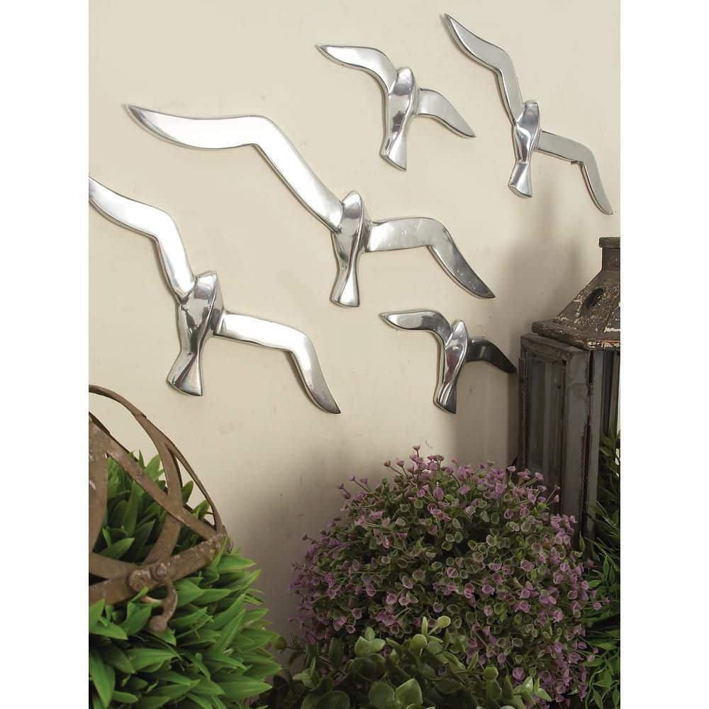 Set of 7 Silver Aluminum Bird Wall Sculptures