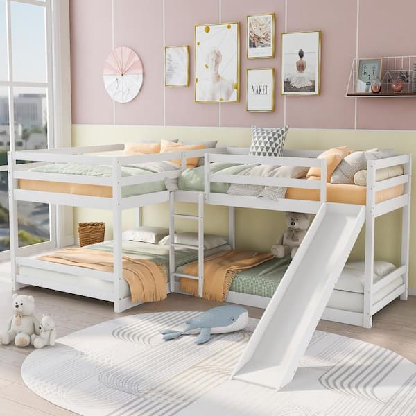 Polibi Modern White Full and Twin Size L-Shaped Bunk Bed with Slide and Short Ladder