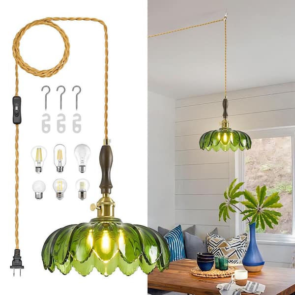 Home Lighting 60W 1Light 10.03in Modern Green Glass Adjustable Plug-In Pendant (Gold Finish) for Bedrooms & Dining Rooms