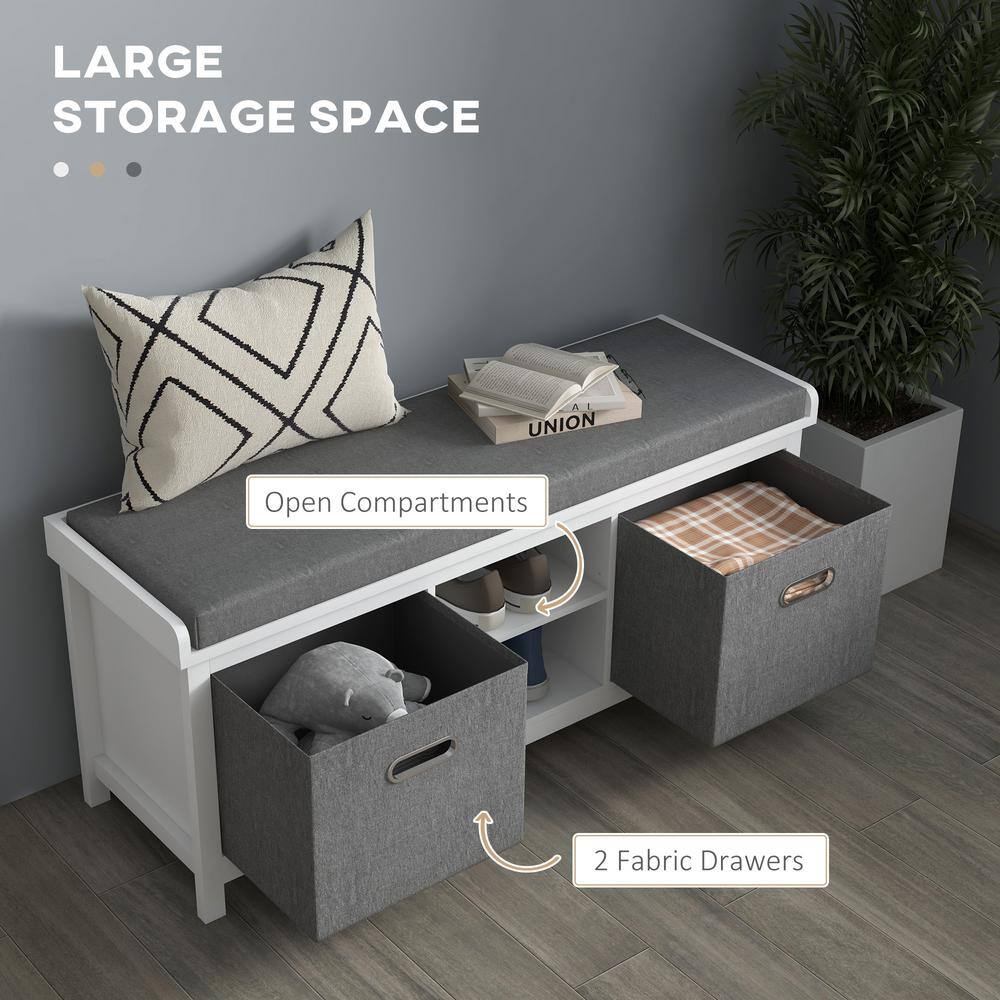 White and Gray Fabric Shoe Storage Bench with Cushion and Drawers