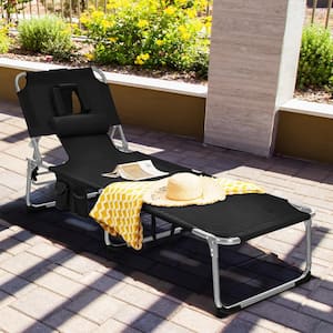 Black Beach Reclining Metal Outdoor Lounge Chair with 5 Adjustable Positions Detachable Pillow and Hand Ropes