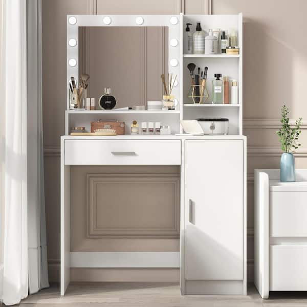 White Particle Board Makeup Vanity Desk Vanity Table Dressing Table with Mirror, Light, Drawer and Storage Shelves