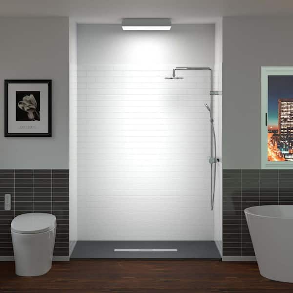 60 in. L x 32 in. W x 75 in. H 4-Pieces Alcove Shower Kit with Glue Up Shower Wall and Shower Pan in White and Black/BN