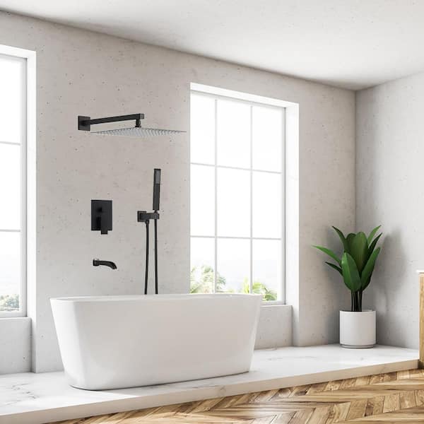 Single-Handle 3-Spray Square High Pressure Tub and Shower Faucet in Black (Valve Included)