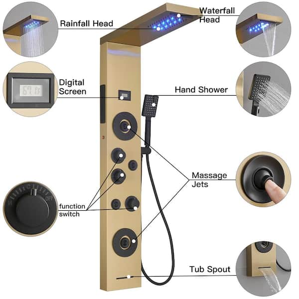 Dual 5-in-1, 4-Jet Shower Panel Tower System with Rainfall Waterfall Shower Head, and Massage Body Jets in Black Gold