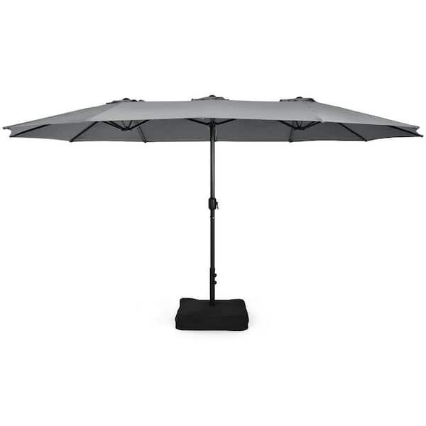 WELLFOR 15 ft. Double-Sided Market Patio Umbrella in Gray with Base and Sandbags