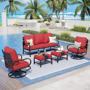 Black 5-Piece Metal Slatted 7-Seat Outdoor Patio Conversation Set with Red Cushions 2 Swivel Chairs 2 Ottomans