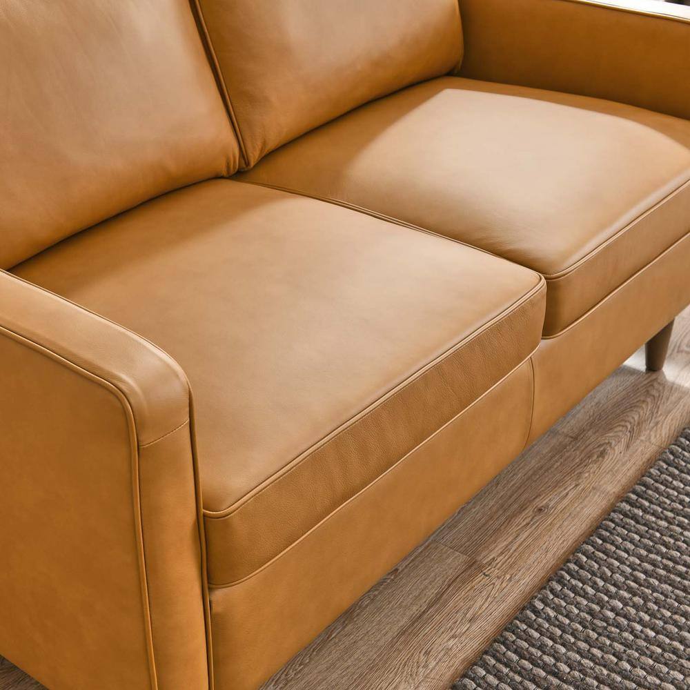 Tan Genuine Leather Split Back Loveseat with Track Arms