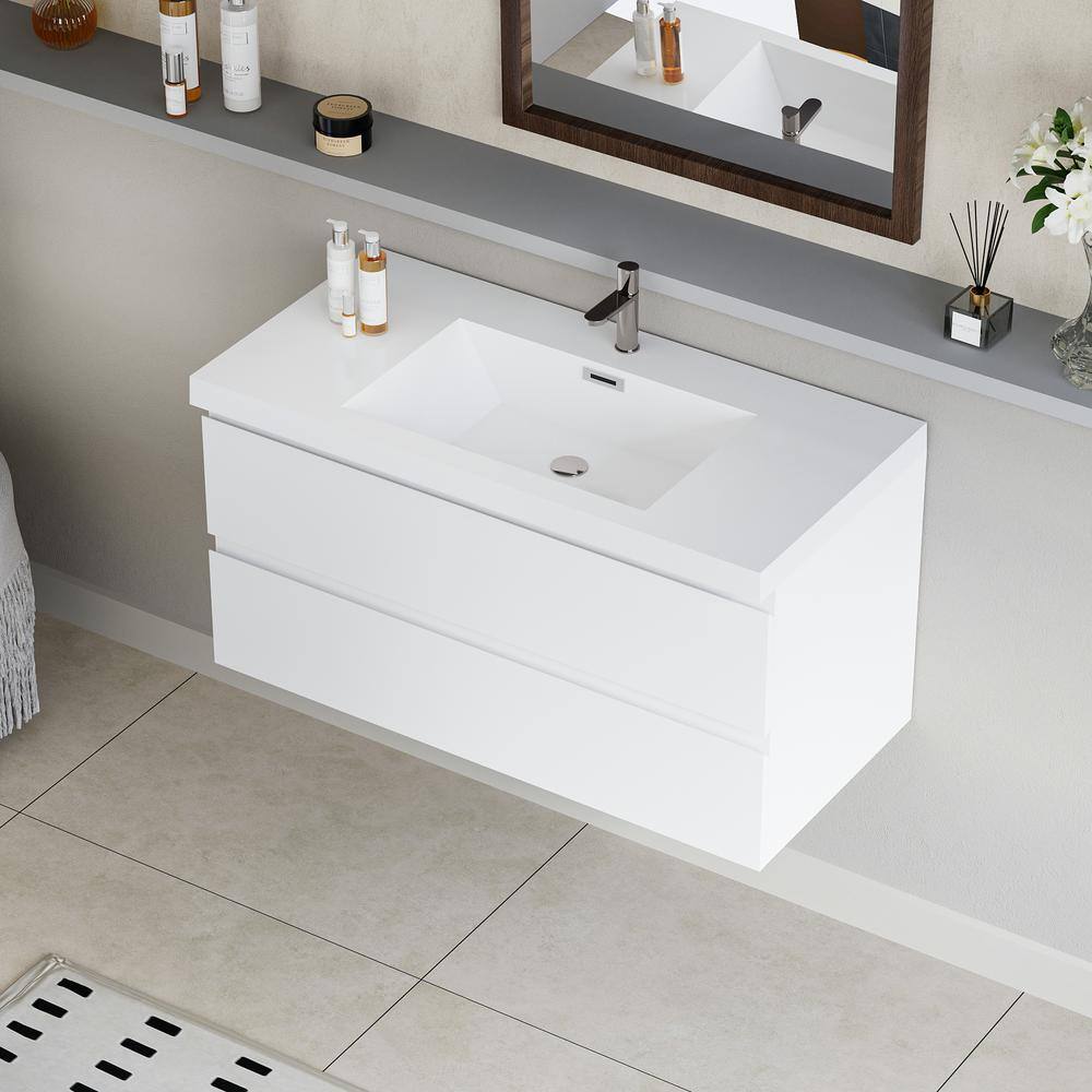 42" Glossy White MDF Floating Bathroom Vanity with Resin Sink