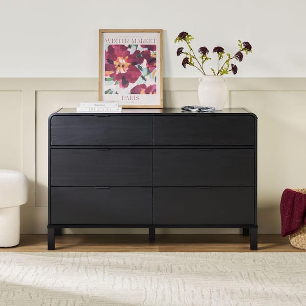 Walker Edison Furniture Company 6-Drawer Black Modern Solid Pine Wood Dresser with Metal Pulls and Curved Design