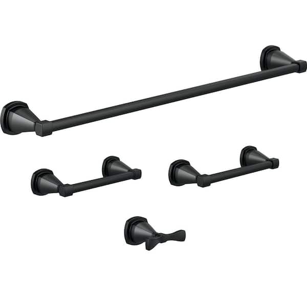 Stryke 4-Piece Bathroom Hardware Set 24 in. Towel Bar, Toilet Paper Holder, Hand Towel Holder, Hook in Matte Black