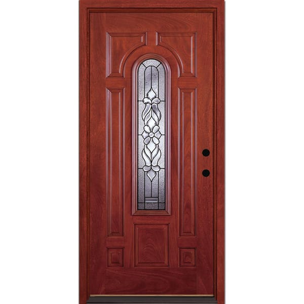 Feather River Doors 37.5 in. x 81.625 in. Lakewood Patina Center Arch Stained Cherry Mahogany Left-Hand In Fiberglass Prehung Front Door