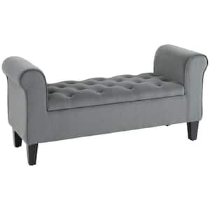 Grey Storage Ottoman, Fabric Upholstered Bench with Armrests for Bedroom