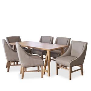 Sabine 7-Piece Silver Grey Fabric Upholstered and Natural Oak Wood Dining Set