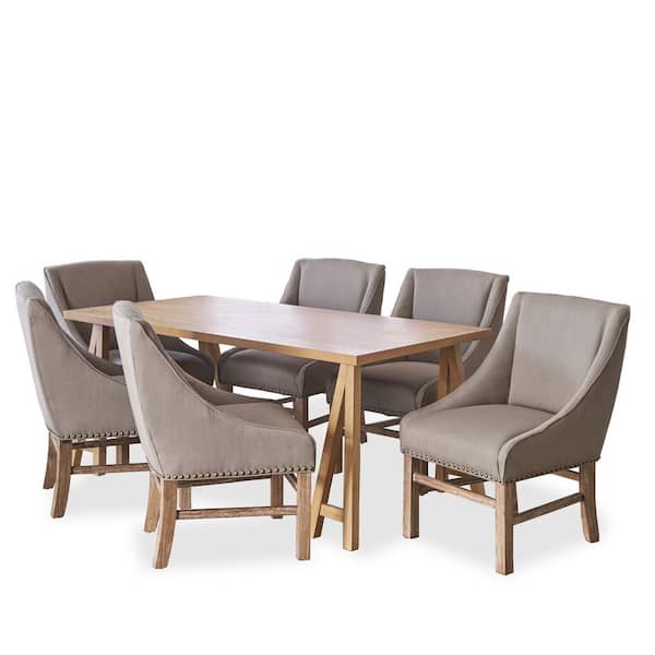 Noble House Sabine 7-Piece Silver Grey Fabric Upholstered and Natural Oak Wood Dining Set