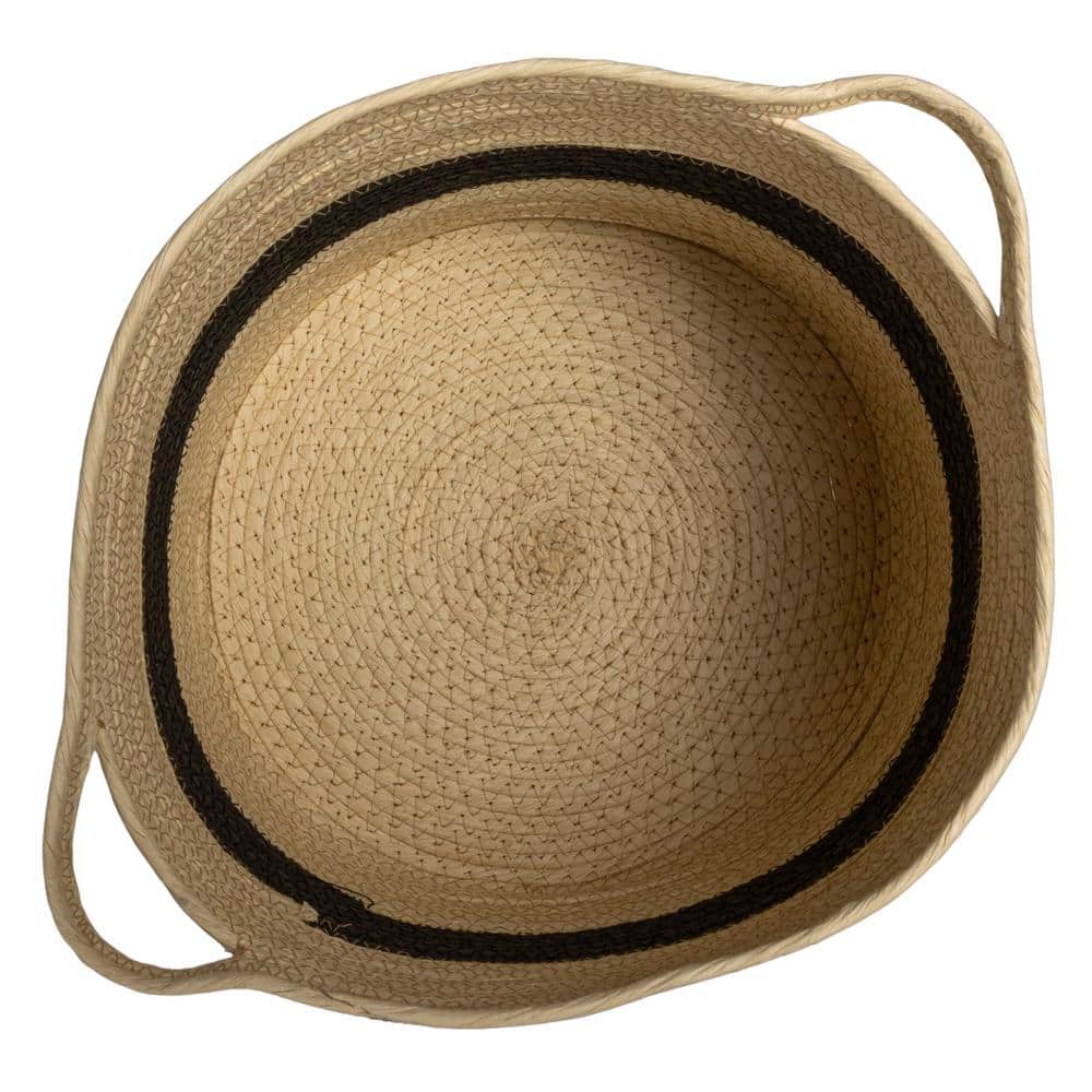 Natural Handwoven Paper Rope Basket with Black Stripe and Handles